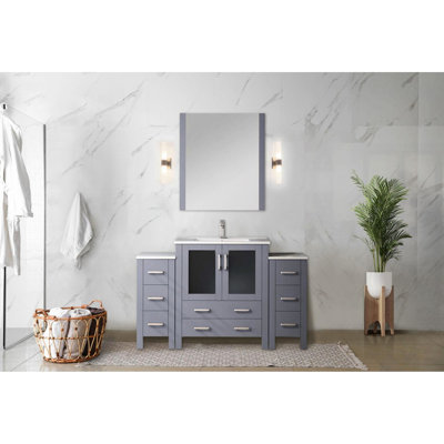 Meuble-lavabo simple gris foncé 54 po En largeur, avec espaces de rangement latéraux, lavabo en céramique blanche, miroir horizontal 28 po, mécanisme de tiroir à fermeture en douceur, structure en bois et contreplaqué renforcé