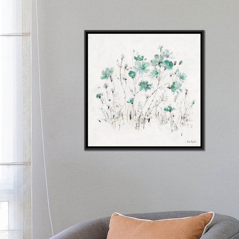«Wildflowers Turquoise II», reproduction sur toile, Blanc, Papier d'art encadré noir, H 18 po x l 18 po x P 1,5 po