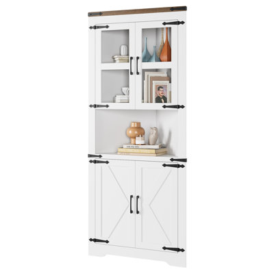 Farmhouse Tall Corner Storage Cabinet with Glass Display Door, Adjustable Interior Shelves, Anti-Tip Wall Anchor, Triangular Corner Unit for Bathroom, Kitchen & Living Room Organization