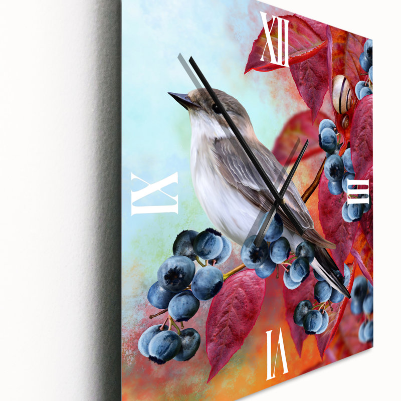 Petit oiseau gris sur un rameau d'automne rouge sur bleuet - Horloge murale traditionnelle, Petit