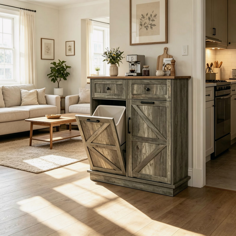 Tilt Out Trash Can Cabinet for Kitchen Double 10 Gallon Hidden Trash Cabinet with Drawer Farmhouse Wooden Garbage Cabinet Dog Proof Trash Can Storage for Kitchen Laundry Living Room Office