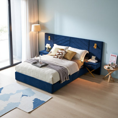 Velvet Bed Frame/Vertical Channel Tufted Wingback Headboard