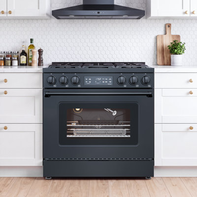 Cuisinière à gaz 36 pouces avec friteuse à air, cuisson par convection, gril et maintien au chaud, 2 grilles de four, plateau de friture d'air, support anti-basculement, nettoyage à la vapeur, convertible au propane, 6 brûleurs avec anneau double 22k BTU