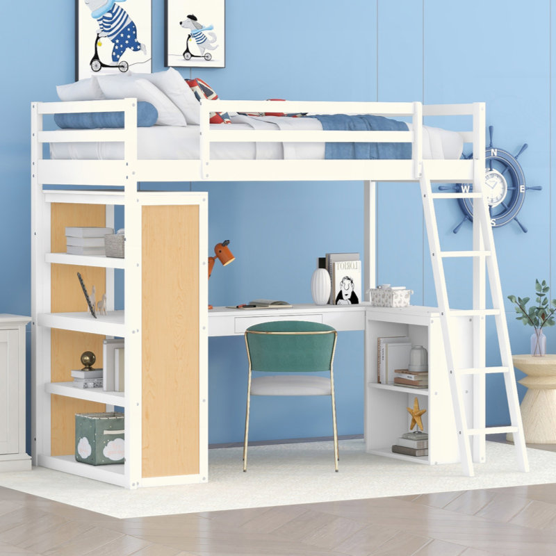 Lit mezzanine avec échelle, tablettes et bureau