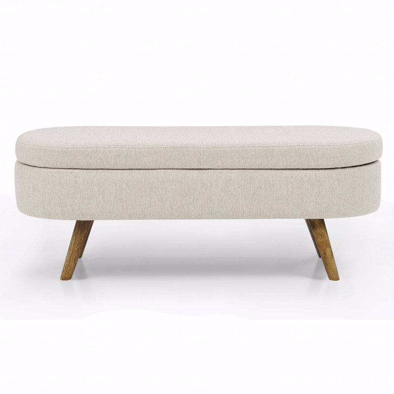 Basic Ottoman (Bench Type), Oval Storage Bench,Rubber Wood Legs, Beige