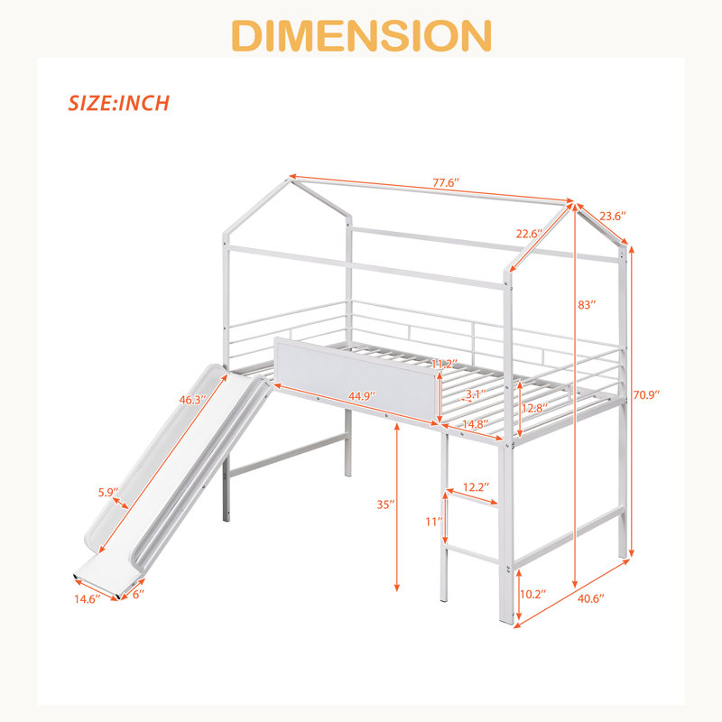 Lit mezzanine en métal avec glissoire en métal, Blanc
