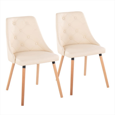 Beige finish dining side chair set of 2 with button tufted faux leather upholstery and tapered natural wood legs
