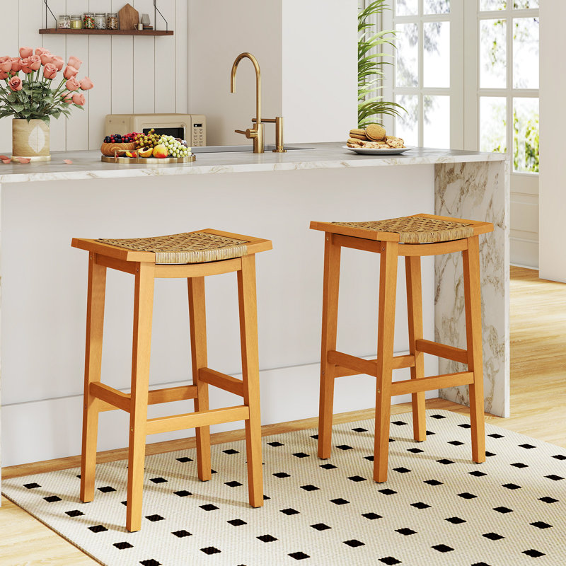 Ensemble de 2 tabourets de bar en bois d'acacia Gymax pour l'extérieur avec sièges et dossiers en rotin PE, 2