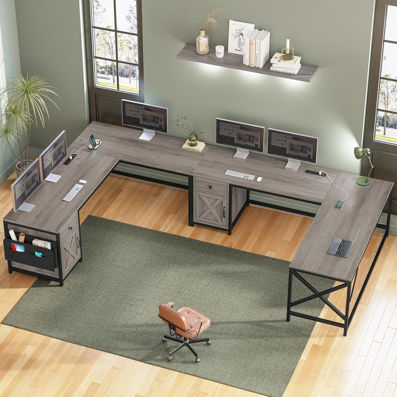 Josphua 63" L Shaped Desk Convertible Corner Office Desk With Drawer Farmhouse Computer Desk, Gray/Black