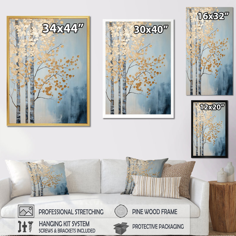 Minimalisme, scène d'arbres dorés et bleus V, reproduction sur toile, Toile tendue, H 40 po x l 30 po x P 1,5 po