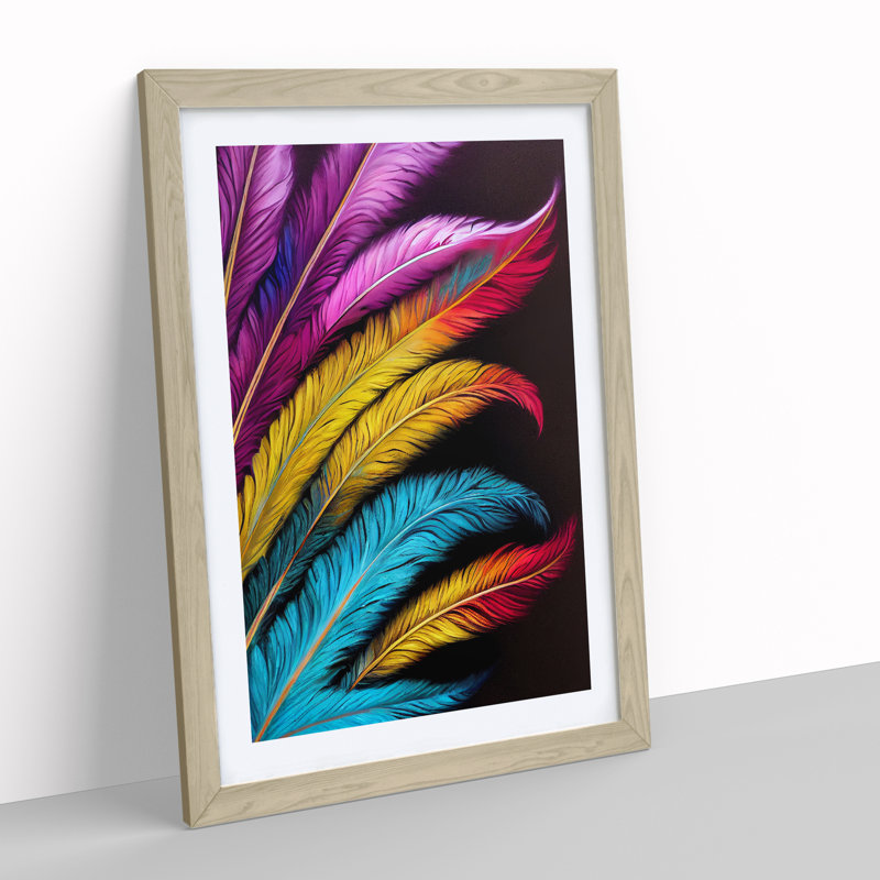Vibrant Feathers No.2 - Wall Art, 46cm H x 34cm W x 2cm D, Oak Framed Paper, White
