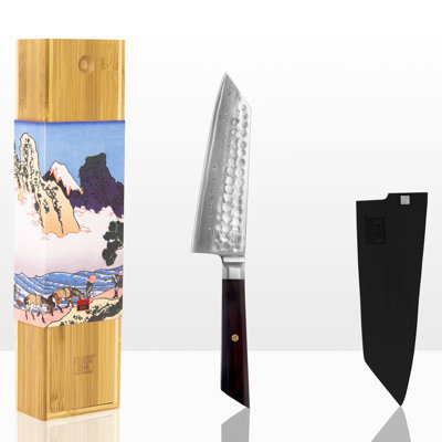 Damascus Steel Bunka Santoku with Bamboo Saya and Bamboo Box - 170 mm blade