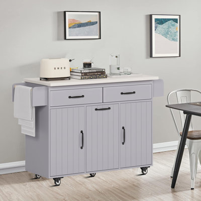 Modern Classic Storage Kitchen Island with 2 Drawers, 2 Cabinets, Racks and a Concealed Trash Can