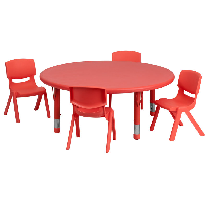 Ensemble de table d'activités ronde en plastique Goddard de 45 pouces, réglable en hauteur, avec 4 chaises, Rouge