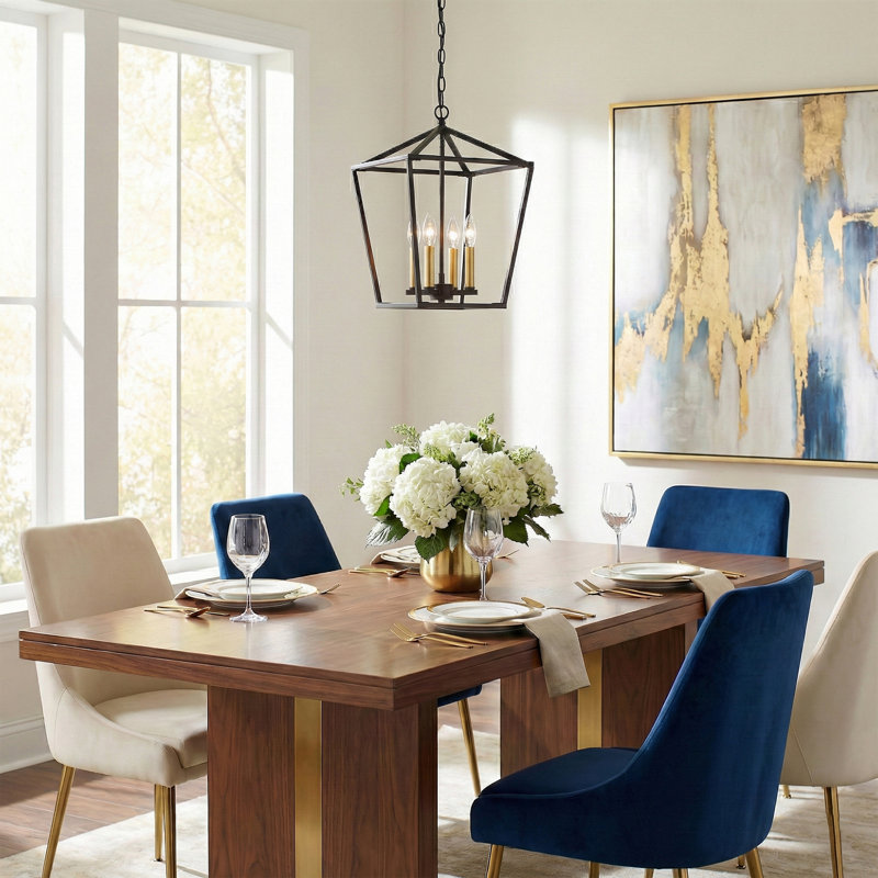 Allis 4 - Light Steel Dimmable Geometric Lantern Dining Room Chandelier, Aged Zinc/Satin Brass