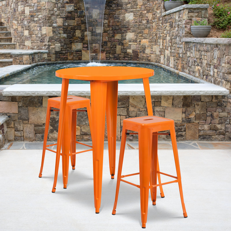 Gyala Round Metal Indoor-Outdoor Bar Table Set with 2 Square Seat Backless Stools, Orange, 41" H x 30" W x 30" D