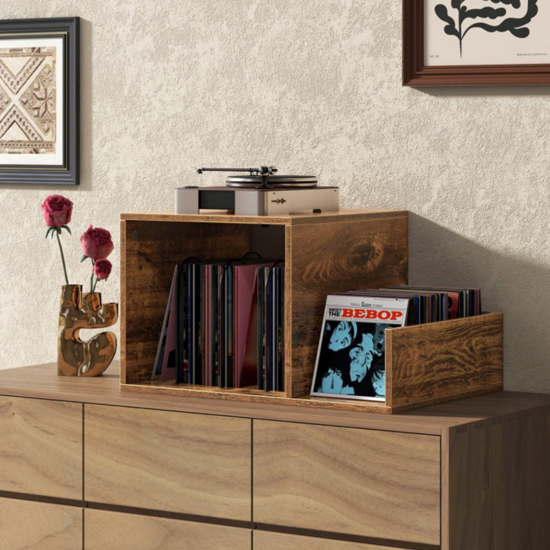 Support pour tourne-disque Mid-Century avec prise de courant et séparateur en vinyle, Brun rustique