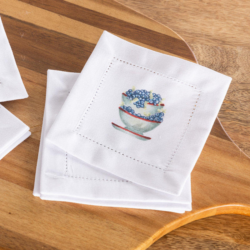  Cotton 5 in. White Patriotic Hemstitched Blueberries Cocktail Napkins Set of 4