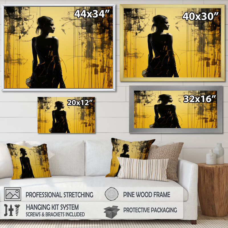 «Black and Yellow Fashion Woman Solitude II», art mural mode, Cadre flottant noir, H 24 po x l 32 po x P 1 po