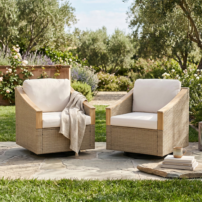 Chaises pivotantes d'extérieur en rotin avec coussins 2 pièces Shasta
