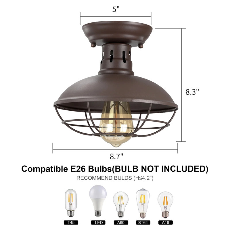 1 - Light Semi Flush Mount Light Industrial Ceiling Light with Bronze Iron Shade, Bronze