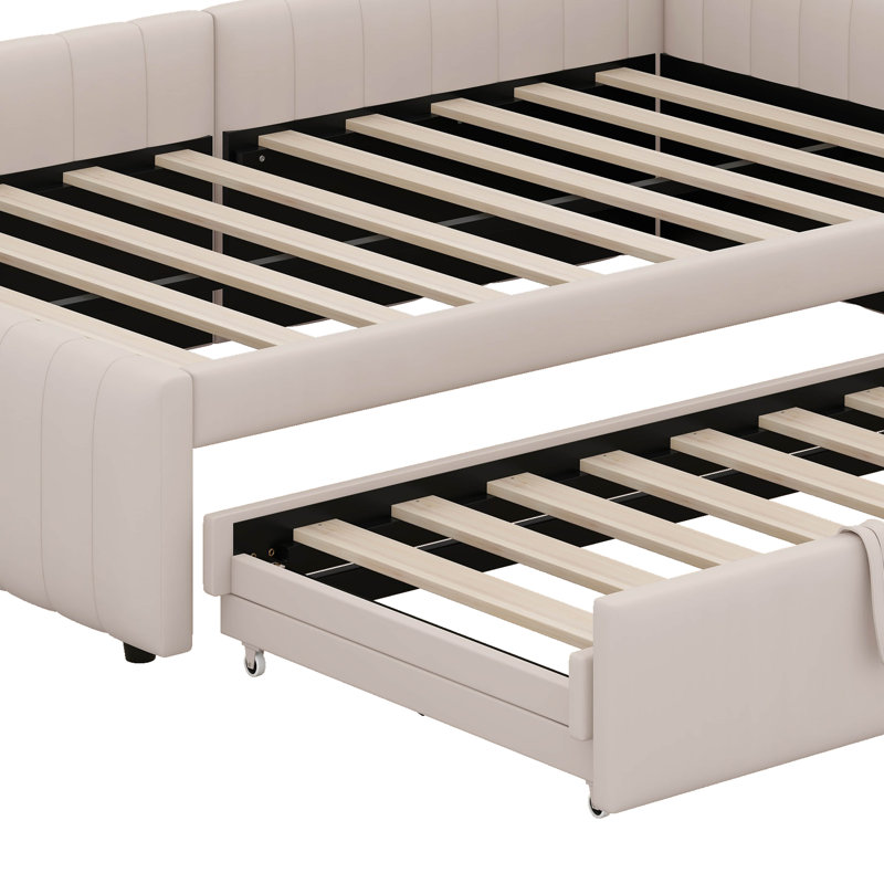 Full Size L-Shaped Upholstered Daybed With Twin Size Pop-Up Trundle, Wooden Slats Support For Bedroom Guest Room, Beige