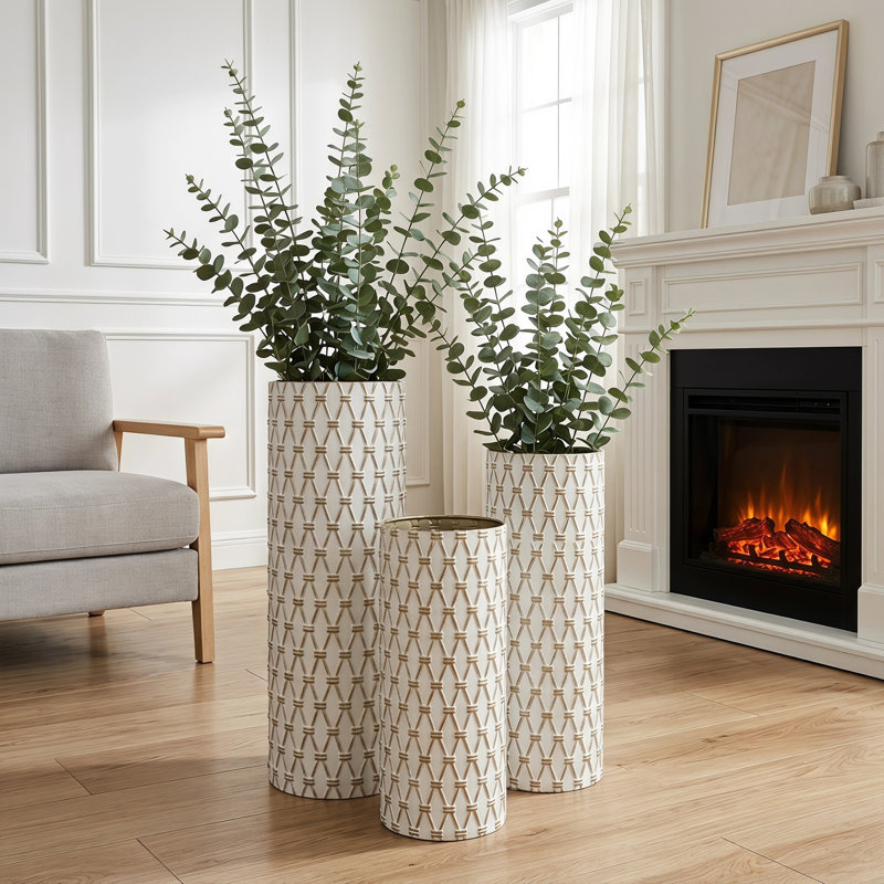 Vase de sol décoratif haut en métal texturé géométrique à motif losanges, lot de 3