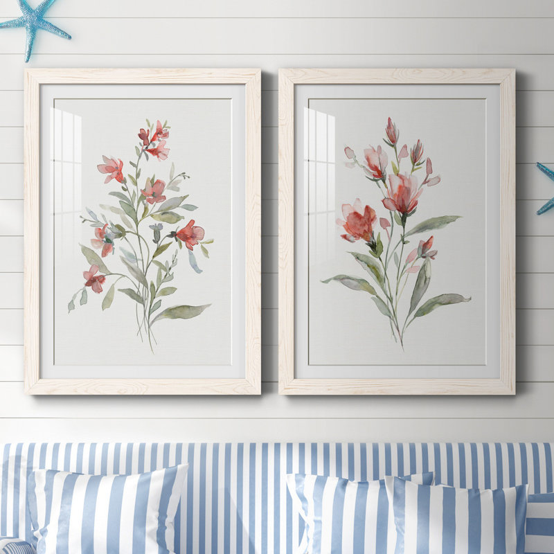 Lin botanique corail III - ensemble de 2 reproductions d'art, H 31,5 po x l 47 po x P 1,5 po, Papier encadré blanc, Blanc
