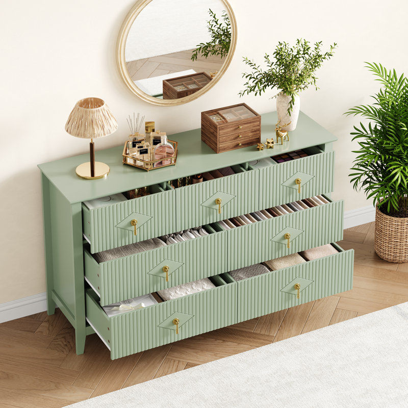 Fluted 7-Drawer Dresser, 54" Wide Modern Chest of Drawers with Metal Handles, Wooden Storage Organizer for Bedroom, Living Room, Hallway, Entryway, Green