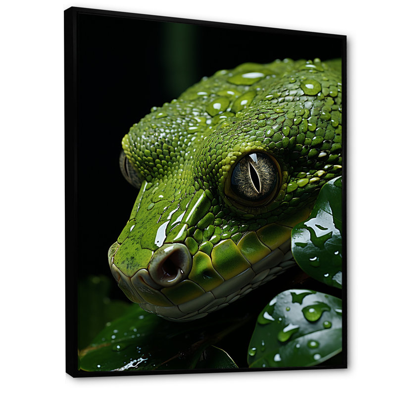 Serpent émeraude enroulé sur toile, H 40 po x l 30 po x P 1,5 po, Cadre flottant noir