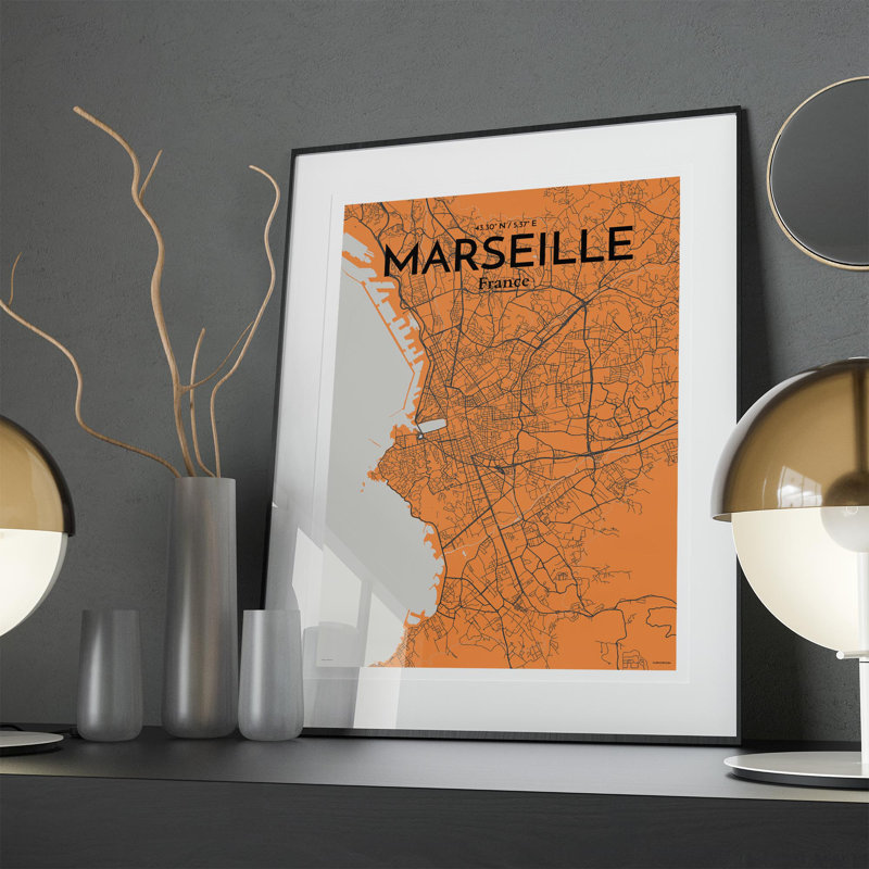 «Marseille City Map», impression, H 27,6 po x l 19,7 po, Orange et gris
