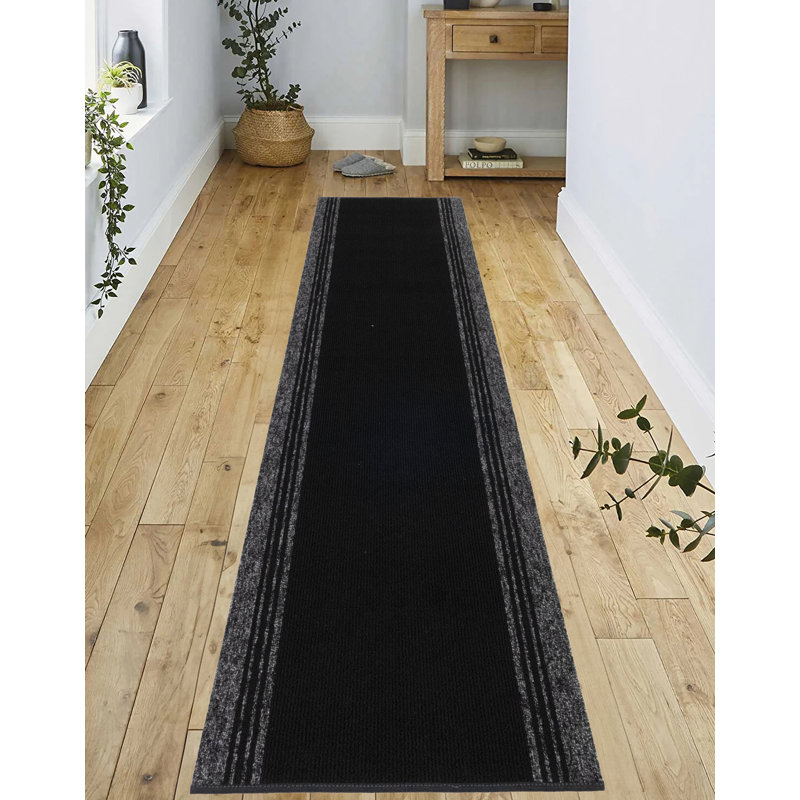 Custom Size Runner Rug Solid Border Black Berber Style Indoor/Outdoor Non Slip Latex Backing, Runner 2'2" x 5'