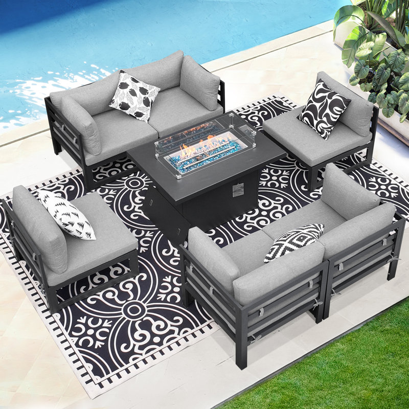 Gillet 7 Piece Patio Outdoor Aluminum Furniture Set with Gas/Propane Fire Pit Table, 29'' Extra Large Luxury Sectional Conversation Set