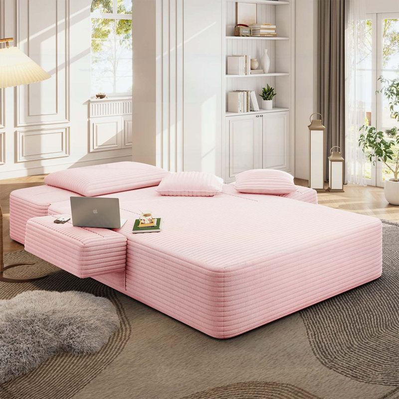 Méridienne avec 3 coussins, canapé-lit convertible avec poche de rangement, Rose pastel