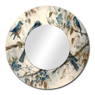 Quatre oiseaux bleus rétro sur une branche IV - décor de miroir mural unique oiseau