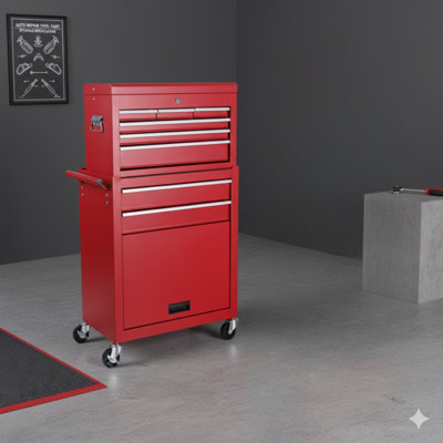 Coffre à outils, armoire à 8 tiroirs avec coffre supérieur amovible 2 en 1, doublures de protection, roues verrouillables et crochets latéraux; Chariot en métal conçu pour le garage