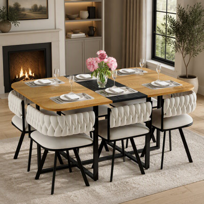 7-Piece Rectangular Dining Table Set with Fixed Two-Tone Wood Grain & Black Triamine Top, 6 Beige Velvet Chairs, Perfect for Small Spaces and Modern K