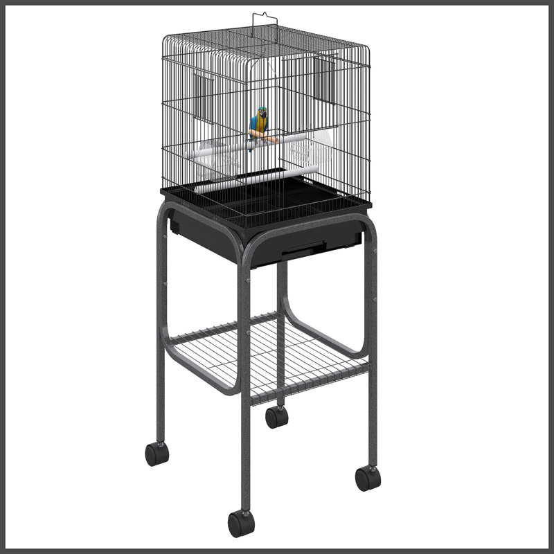 Cage à oiseau, cage à perroquet, volière à oiseau avec support à roulettes amovible, panier de rangement et accessoires Pawhut