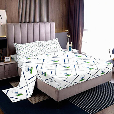 Athlete's Golf Club Bedding Set - Sport Game Inspired Leaf Branches Bed Sheets, Room Decorative Fitted & Flat Sheet