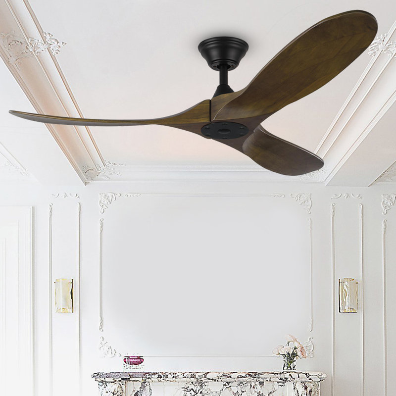 Grand ventilateur de plafond en bois massif à 3 pales avec télécommande, 52", Noir avec pales noyer foncé