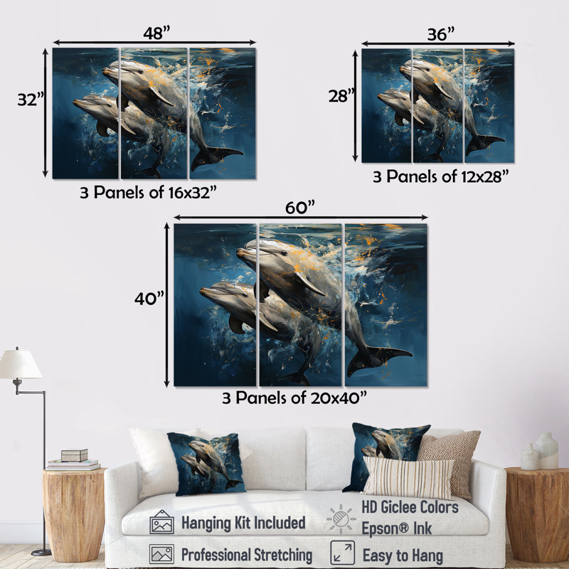 «Blue Dancing Dolphins I», art mural dauphin animaux, H 40 po x l 61 po