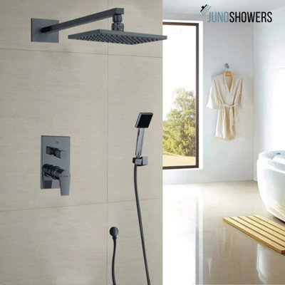 Juno Stylish 8" To 12" Wall Mount Black Polished Rain Shower Head with Hand Shower