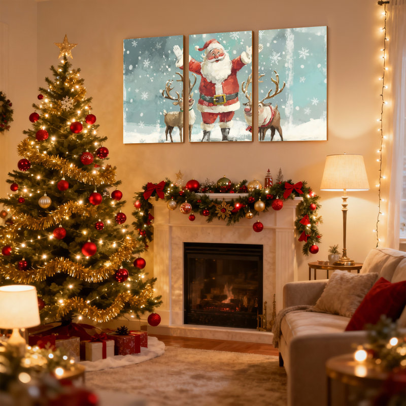 Ensemble de 3 impressions sur toile de Noël, père Noël et renne dans la neige, H 24 po x l 48 po