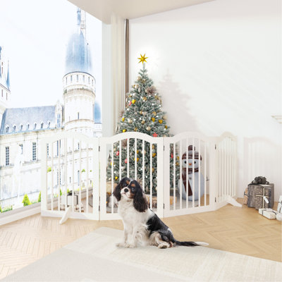 27.6" Height Tall Freestanding Pet Gate, 4 Panels Foldable Dog Gate, Solid Wood Folding Safety Fence Wooden Dog Gate With 2 Pcs Support Feet Ideal For