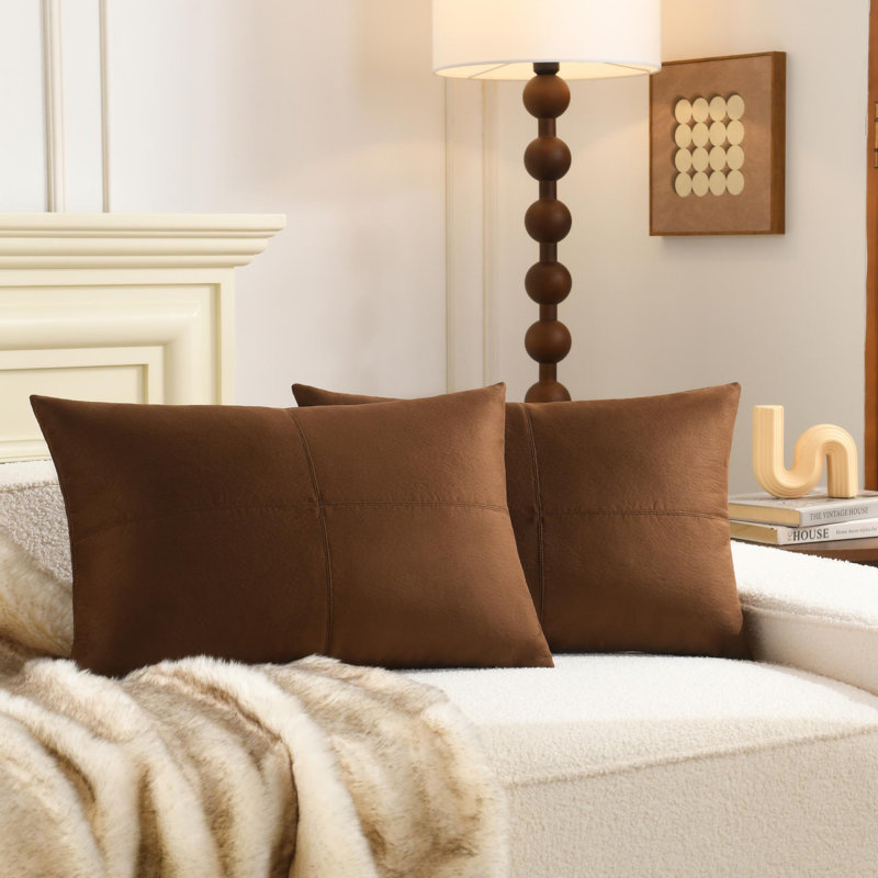 Soft Textured Faux Leather Fabric Decorative Pillow Cover with  (Set of 2), Rectangle 14"H x 22"W, Dark Brown