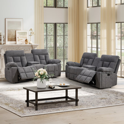 80.7" Wide Modern Manual Reclining Loveseat Sofa With Center Console, Metal Cup Holders & Storage - Plush Microfiber Fabric Theater Seating (Set Of 2)