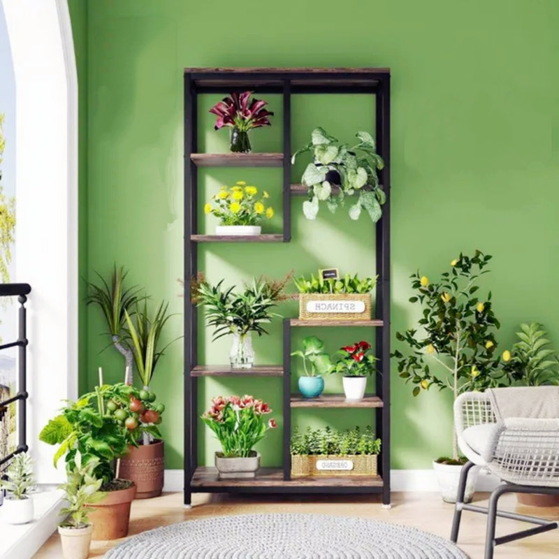 6-Tier Staggered Shelf Design, Perfect For Home Offices, Living Rooms, And Bedrooms, In Black.