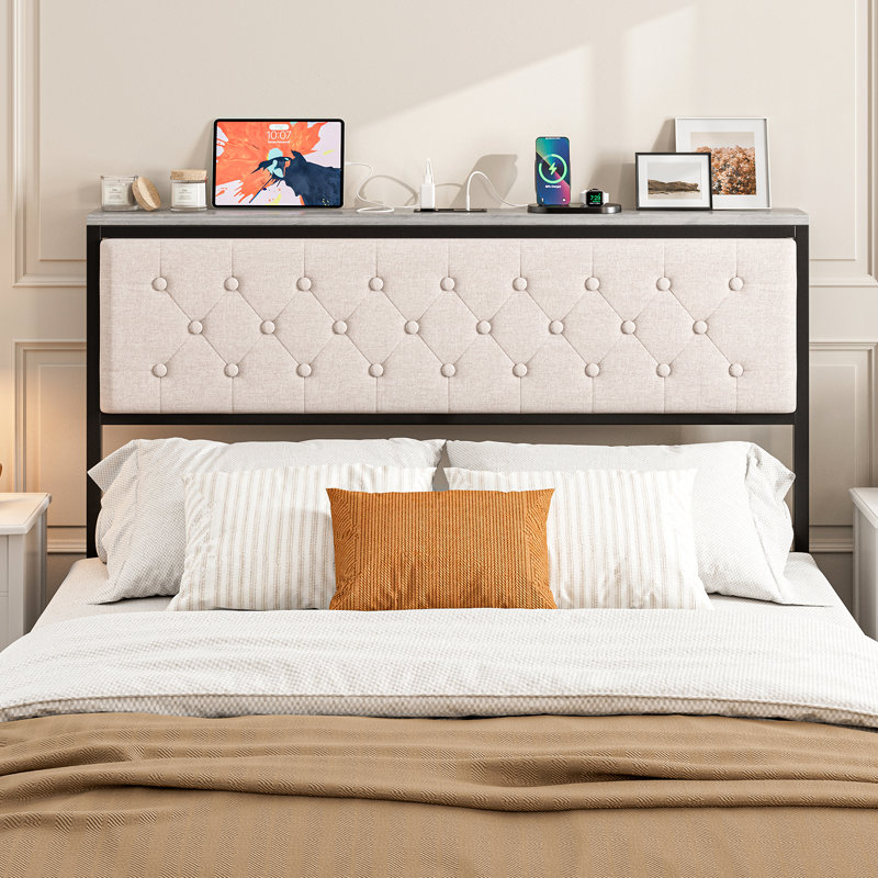 Tête de lit avec rangement et station de charge, tête de lit rembourrée avec adaptateur pour supports de cadre de lit, conception capitonnée, assemblage facile
