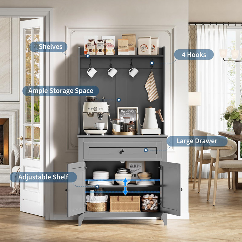 63'' Pantry Cabinet, 4 Hooks Kitchen Pantry Storage Cabinet with Drawer & Adjustable Shelves, Coffee Bar Table for Kitchen Room, Living Room, Dining Room, Gray