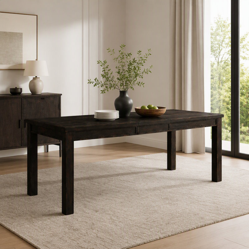 Table de salle à manger rustique et audacieuse, style antique noir vieilli, avec rallonge, en bois massif.